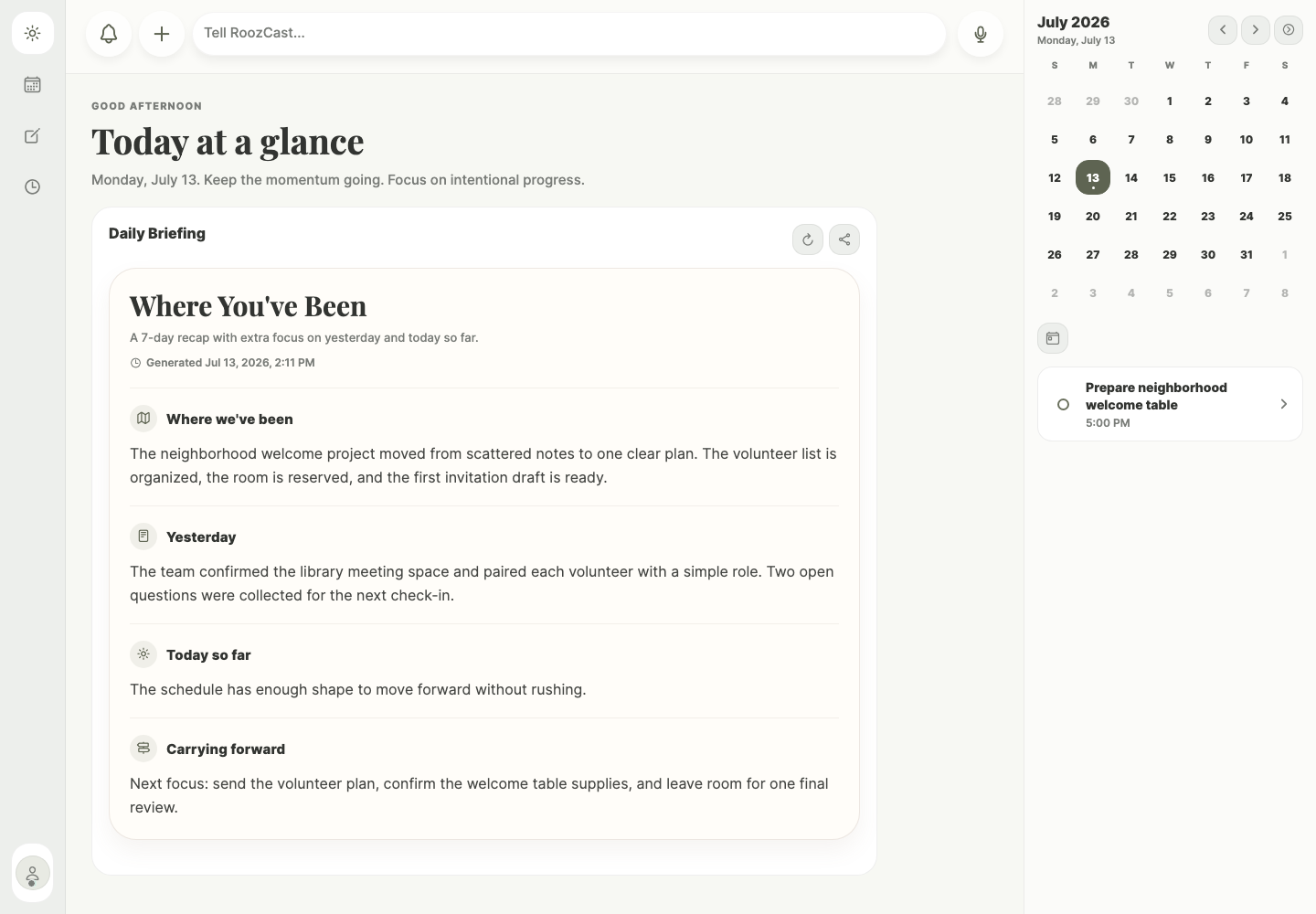 RoozCast Daily Briefing showing a fictional neighborhood welcome plan.