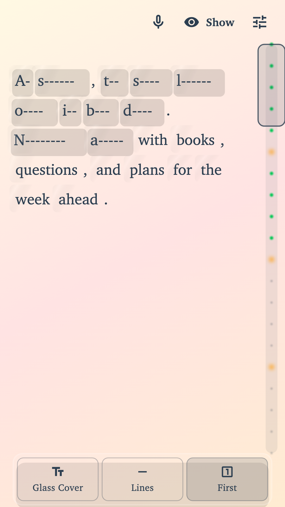 Unveiled showing selected words revealed during a fictional memorization practice.
