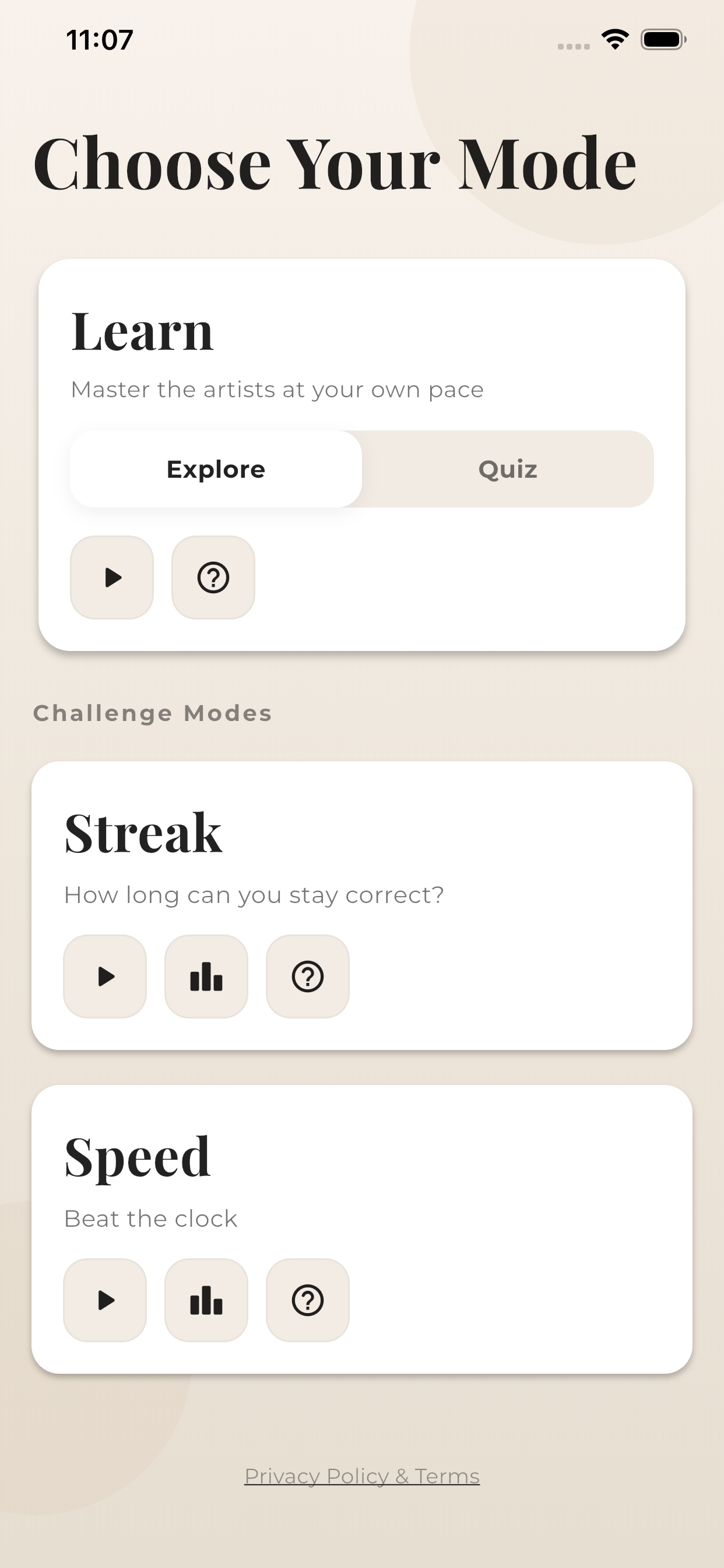 Monet or Manet showing its art quiz modes.