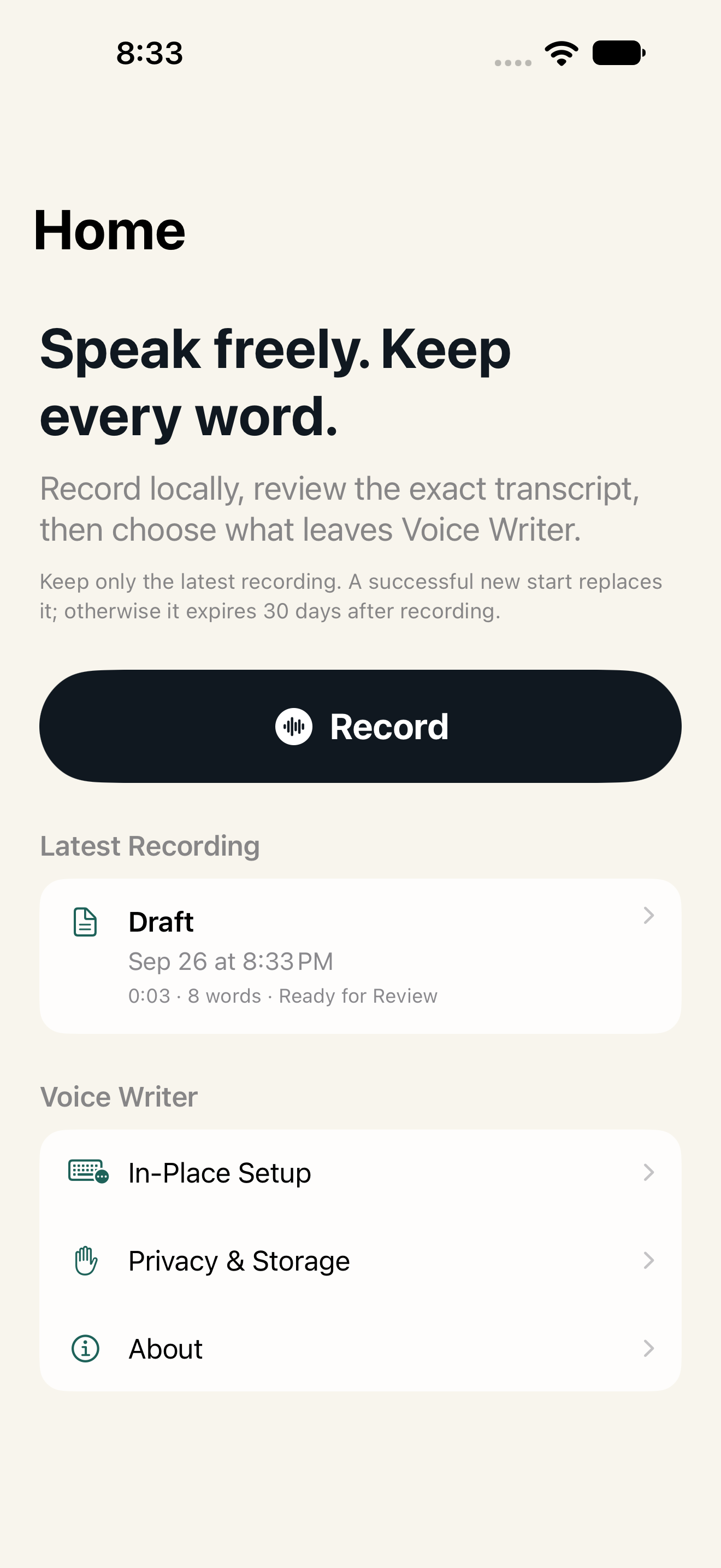 Voice Writer on iPhone showing the latest recording, with fictional sample text.