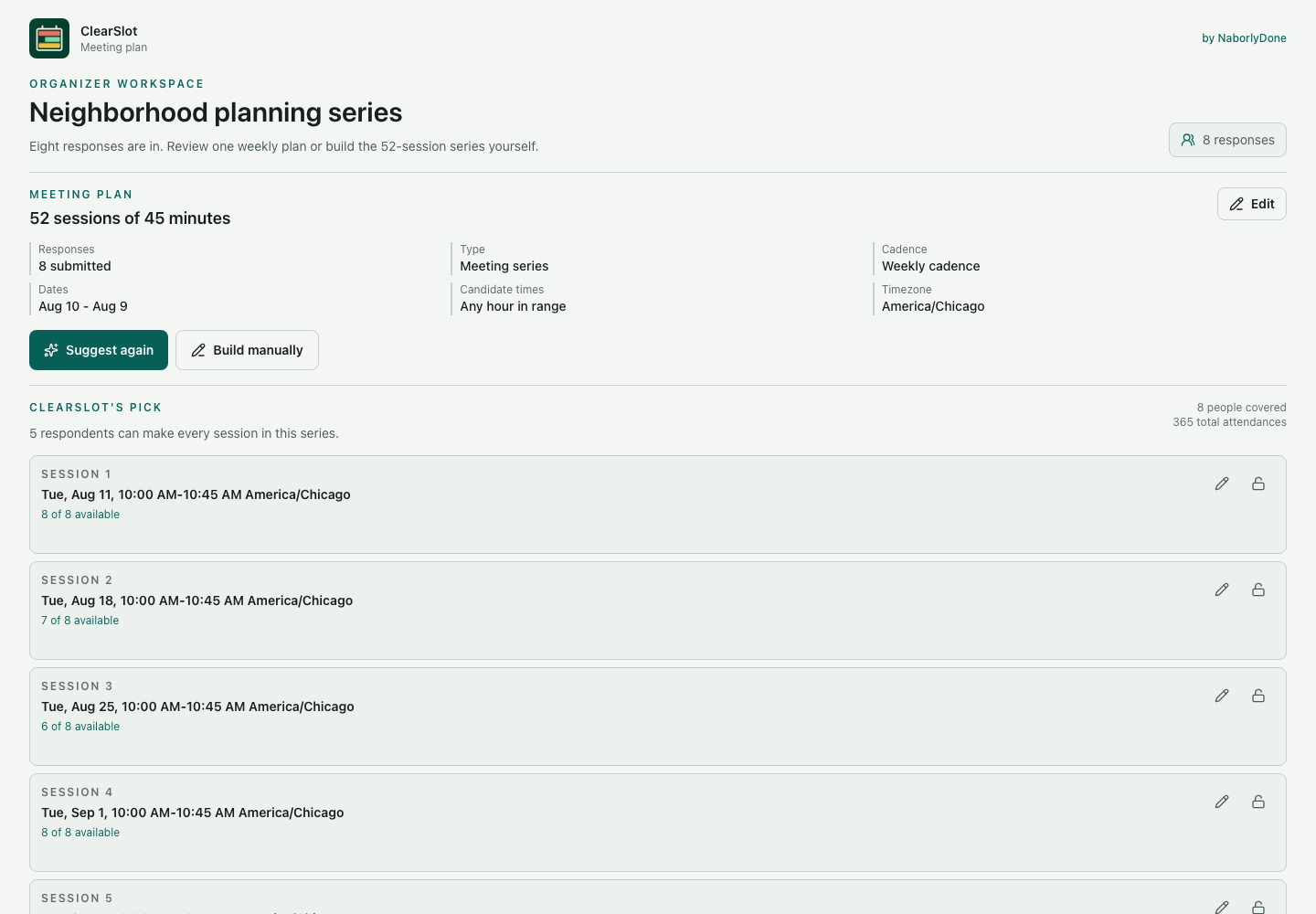 ClearSlot organizer workspace showing the requirements for a fictional 52-session neighborhood planning series and controls to suggest or build a plan.
