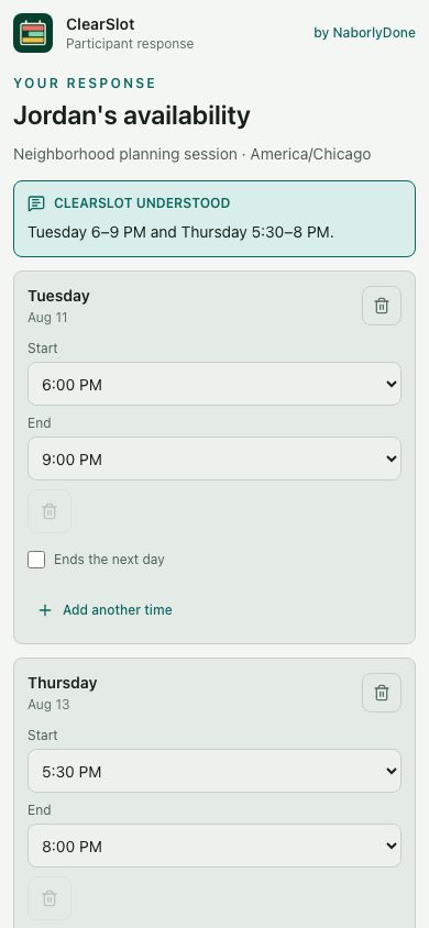 ClearSlot participant response showing editable Tuesday and Thursday availability cards for fictional participant Jordan.