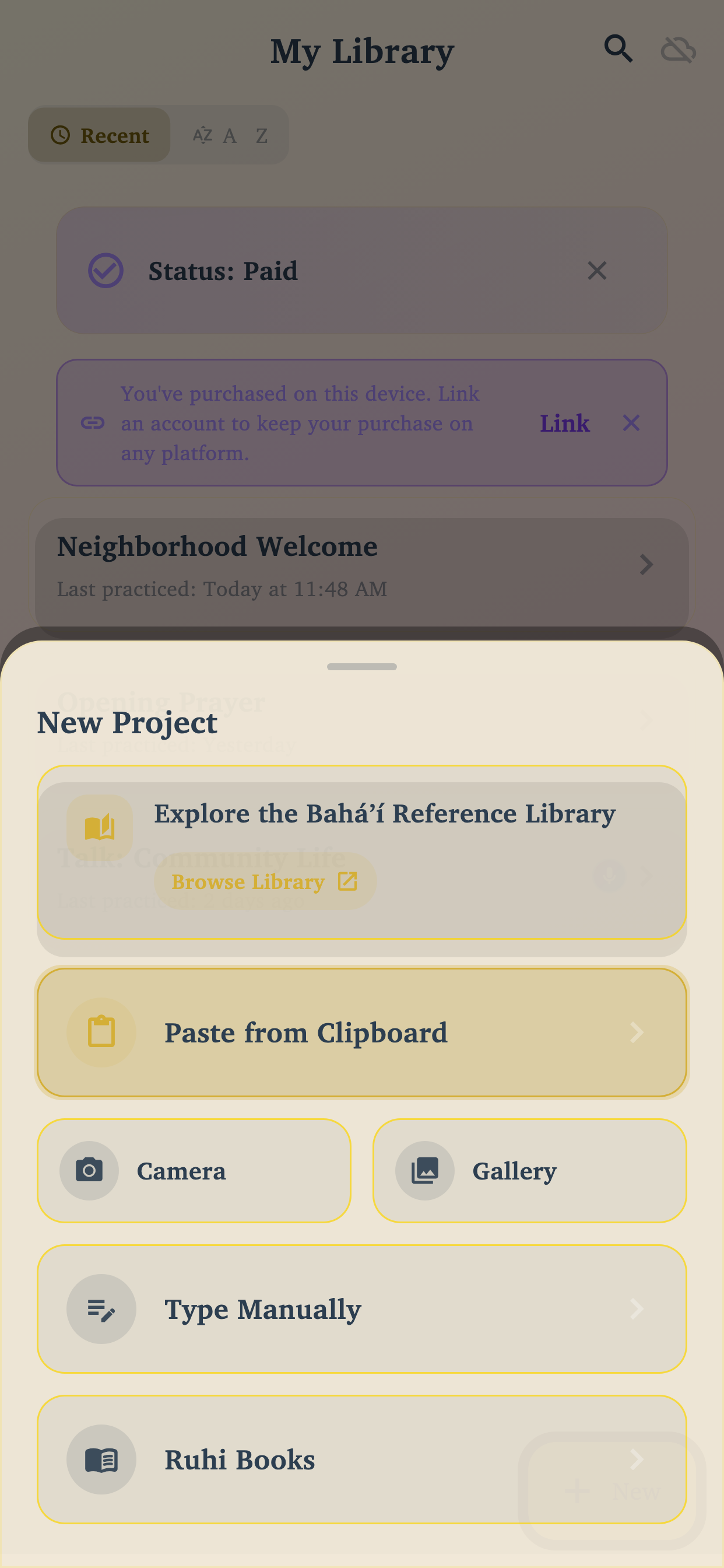 Unveiled New Project sheet showing options to import, capture, or type a passage.