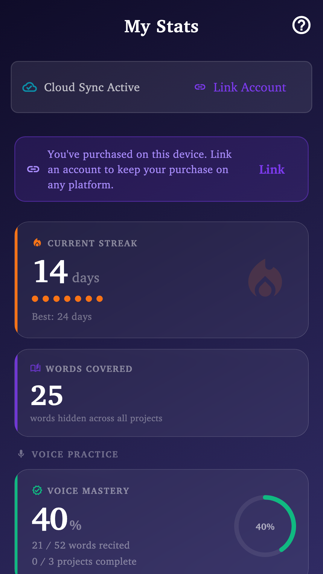 Unveiled Stats screen showing fictional practice consistency, words covered, and voice mastery.