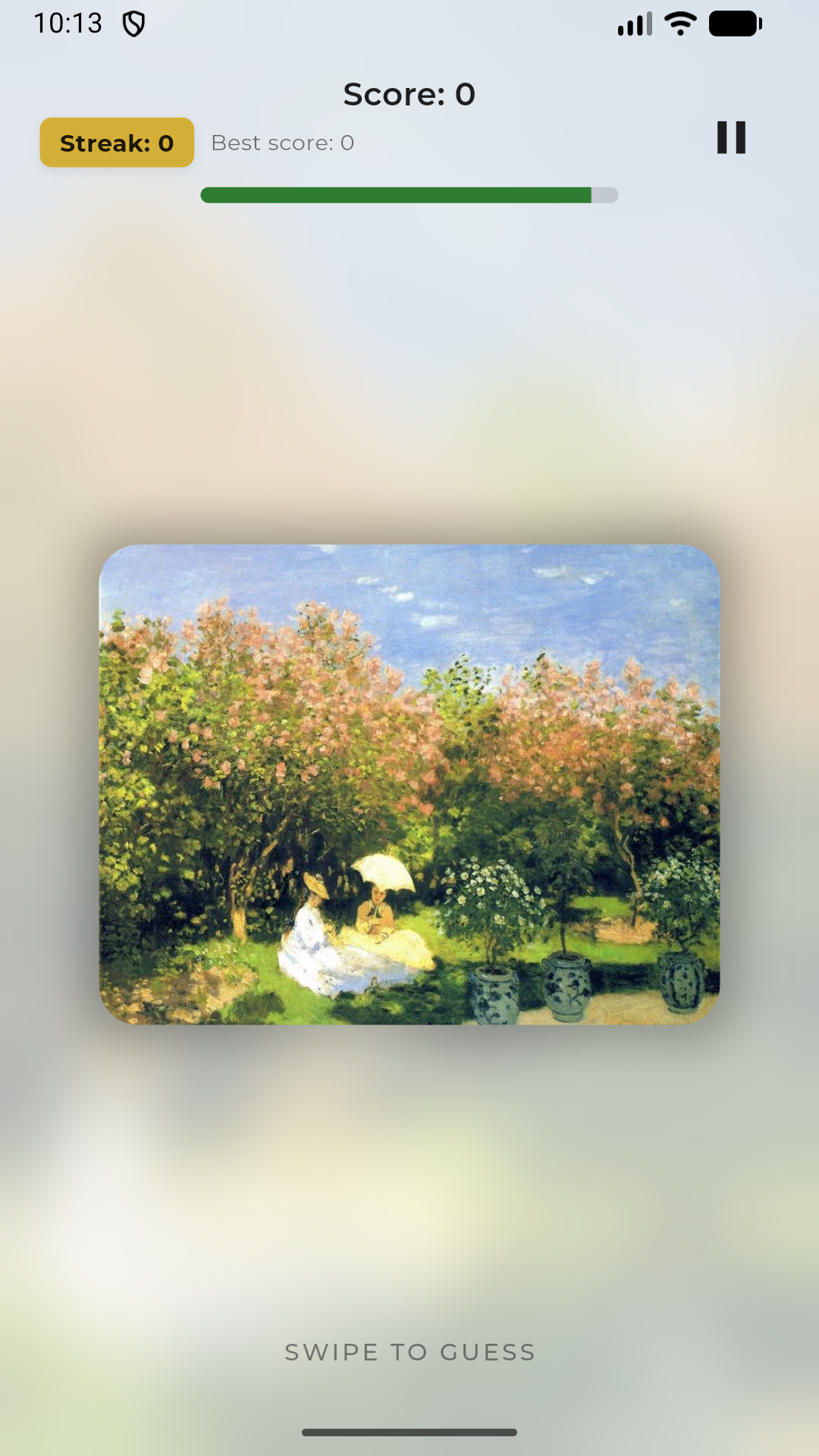 Monet or Manet Speed challenge showing a public-domain painting and artist answer choices.