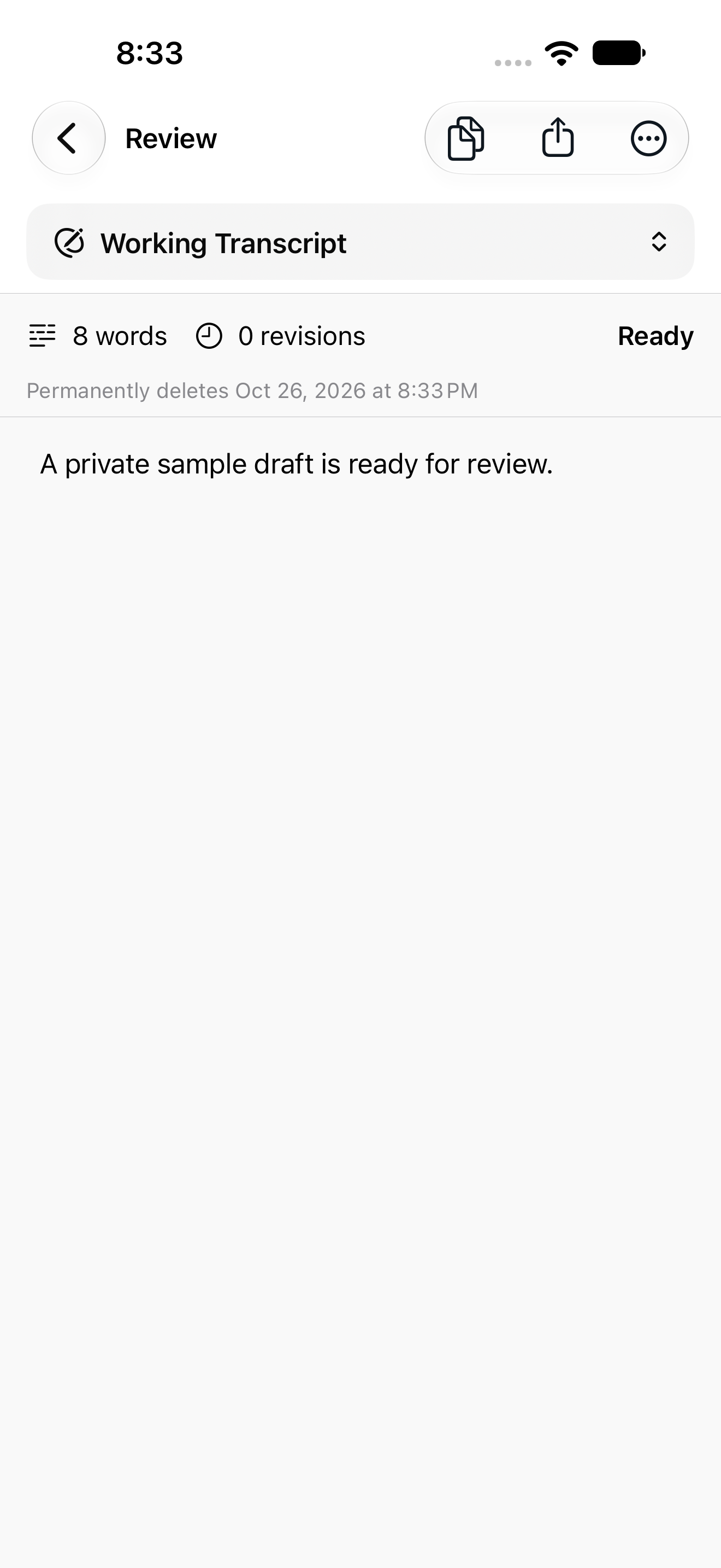 Voice Writer showing a transcript ready to review and edit on iPhone.