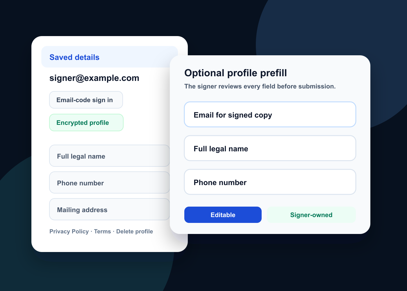 Signer-owned saved details profile panel showing optional encrypted prefill, privacy and terms links, and delete profile controls